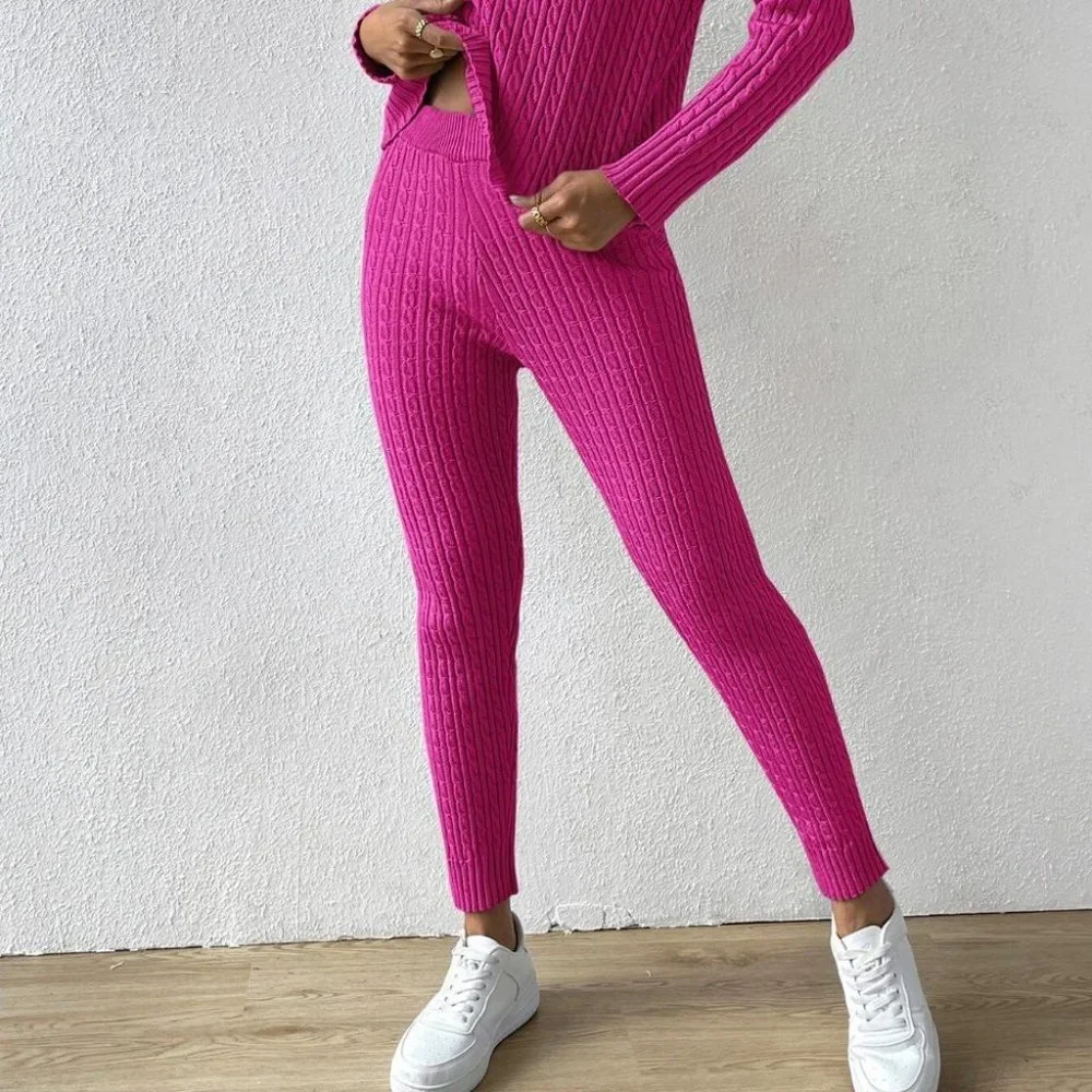 Pink Preppy Womens Turtle Neck Drop Shoulder Cable Knit Sweater & Knit Pants - Picture 4 of 5